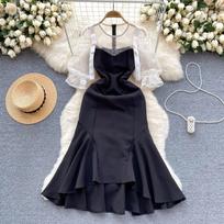 Elegant French Sle Dress with Puff Sleeve, High End Formal Skirts, Lace Design, Patchwork Fishtail Skirt, Contrast Color S juoda