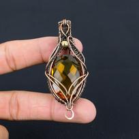 Citrine Gemstone Handmade Pure Copper Wire Wrapped Pendant Jewelry For Memorial Day 2.83 Inches geltona