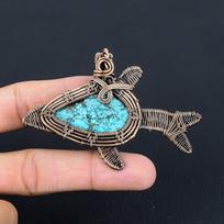 Turquoise Gemstone Handmade Pure Copper Wire Wrapped Wonderful Jewelry Fish Pendant 2.44 Inches mėlyna