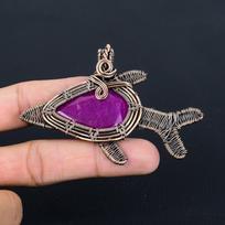 Amazing Ruby Gemstone Handmade Pure Copper Wire Wrapped Fish Pendant Jewelry 2.46 Inches