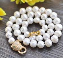 NEW Natural breeding freshwater white  pearl 9-10MM 18  leopard head clasp