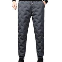 Men Autumn Winter Down Sweatpants Elastic Waistband Drawstring Thickened Fleece Lining Pants Pockets Waterproof Coldproof Long Trousers Streetwear XL pilka
