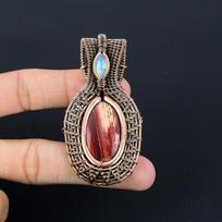 Red River Jasper & Moonstone Gemstone Handmade Pure Copper Wire Wrap Jewelry Pendant For Thanksgiving 2.56 Inches raudona