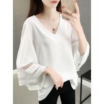 Elegant V-Neck Spliced Flare Sleeve Gauze Chiffon Blouse Women Clothing Oversized Casual Pullovers Sweet Shirt XS balta