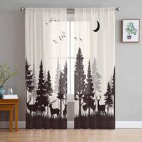 Forest Silhouette Deer Animal Moon Window Tulle Curtains for Living Room Bedroom Hotel Luxury Decoration Sheer Curtains 135W x 114H(cm) white