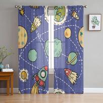 Space Pattern With Space Rockets Comet And Planets Chiffon Sheer Curtains Living Room Bedroom Window Voiles Tulle Curtain 135W x 114H(cm)