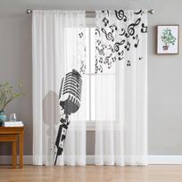 Retro Microphone Music Jazz Radio Or Concert Chiffon Sheer Curtains for Living Room Bedroom Window Curtain Voiles Tulle Cortinas 135W x 114H(cm)