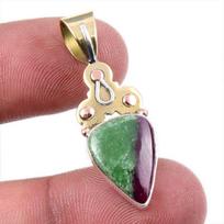 Ruby In Zoisite Lab-Created 925 Sterling Silver Gift Two Tone Pendant 1.5  T9v68
