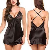 Moterų mados seksualus apatinis trikotažas Satin Chemise Silk Slip Sleepwear Nėriniai chalatai Suknelė Naktiniai drabužiai S juoda