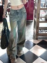 Rainbow Print Design Retro Wide Leg Jeans Women Elegant High Waist Loose Straight Slim Mop Pants Korean Fashion Casual Trousers S mėlyna