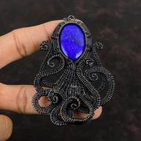 Lapis Lazuli Pakabukas Vario Viela Aptintas Pakabukas Rankų Darbo Aštuonkojo Pakabukas Variniai Papuošalai Dovana Jai Akmens Pakabukas Viela Aptinti Papuošalai gray