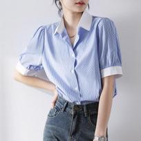 Aesthetic Retro Stripe Shirts Women Summer Gentle Office Elegant Slim Fit Clothes Pretty Versatile Puff Sleeve New Short Tops S mėlyna