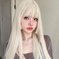 26 colių šviesūs platininiai auksiniai sintetiniai perukai su banguotu natūraliu tiesių plaukų perukas moterims, Hime Cut Cosplay karščiui atsparūs 26inches dramblio kaulas