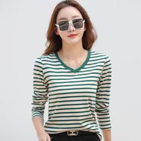 Striped V Neck T-shirt Casual Long Sleeve Top For Spring Fall Women's Clothing S žalia