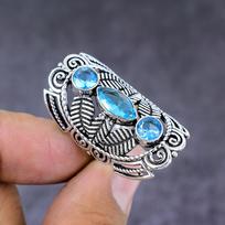 Natural Swiss Blue Topaz Gemstone Handmade 925 Sterling Silver Ring Size 7 q5n75