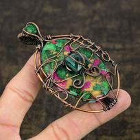 Ruby Zoisite, Emerald Natural Lab-Created Copper Wire Wrap Pendant 3.62  b9t60