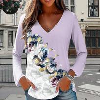 Begonia Flower Print Women Tshirts Ladies Tops Long Sleeve V-neck Pullover Femme T-shirts T Shirt For Women XS violetinė