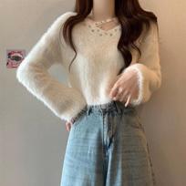Autumn Winter V-neck Casual Warm Pullover Sweater Women Fashion Winter Clothing Long Sleeve Loose Short Sweaters Elegant Slim Fit Solid Knitwear 24813 One Size balta