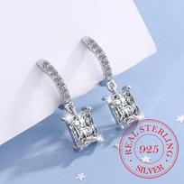 Real 925 Sterling Silver Crystal Drop Earrings For Women Simple Korean C-shaped Earring Girls Party Elegant Jewelry Wedding Gift white