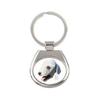 Bedlington Terrier, Rothbury Terrier, Rodbery Terrier - geometric keychain with a photo and the inscription Art-Dog balta