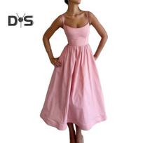 Ladies Evening Dress Tight Waist Sleeveless Backless Sling Low-cut Pleated A-line Big Hem Princess Style Solid Color Strappy Dress Party Prom Midi M rožinė