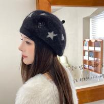 Women's Beret Hat Autumn and Winter Solid Color knitted Woolen Hat Warm Thick Soft Vintage Painter Premium Hat One Size juoda