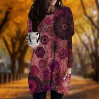 New In Autumn Antique Kaleidoscope Print Plus Size Dress Women O'neck Long Sleeves Casual Pocket Dresses XS raudona