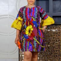 Women Large Size Round Neck Flare Half Sleeve Printed Dresses 4XL geltona