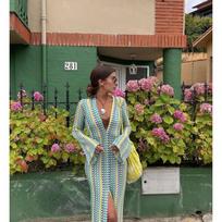 Colorful Stripe Maxi Dress Women Flare Sleeve V-neck Split Sexy Long Dresses Autumn Beach Banquet Vestidos S