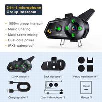 „Kebidumei D2-6X“ motociklo šalmas „Bluetooth 5.3“ domofono ausinės, 1000 m nuotolis, 6 motociklininkai, atsparus vandeniui, muzikos bendrinimas 1Pc