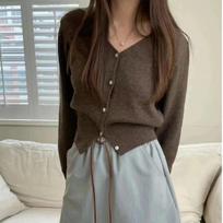 Korean Chic Knitted Bottoming Shirt Women Elegant New Short Cardigan Sweater Outerwear Sweet V-neck Long Sleeve Tops 2024 Autumn S kava