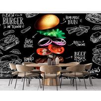 Greito maisto mėsainio tapetai Restorano siena Burgerio ir fri bulvyčių tapetai Greito maisto užkandžių parduotuvė Restoranas Hamburgas freska 200 cm(W) x 140 cm(H) gray