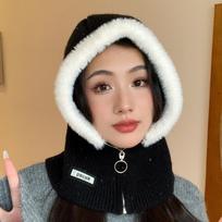 Women's Knitted Fleece Warm Hat, All-in-One Pullover Beanie with Scarf, Outdoor Cycling Winter Cap One size rožinė