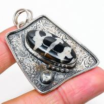 Natural Mud Crack Fossil,White Topaz 925 Sterling Silver Pendant 2.09  K6N26