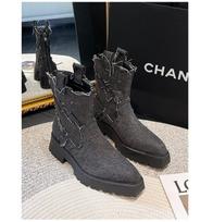 Cowboy Fabric Ankle Boots Women  Retro Thick Heel Platform Boots for Women Original Design Pointed To Chelsea Bota Feminina 39 gray