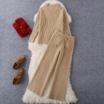 Knitted Wool Wide-leg Pants Two-piece Blouse Pants Women one size chaki