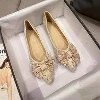 Fashion Crystal Bowknot Ballet flats women pointed toe suede leather daily shoes for woman glitter beading moccasins soft bottom loafers 5 smėlis