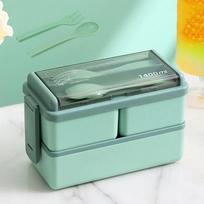 1400ml Double Layer Lunch Box with Fork and Spoon Portable School Office Bento Lunch Box High Capacity Microwae Food Containers white