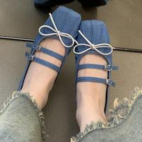 Fashion Bow Flats Women Ballet Dance Shoes Square Toe Shallow Fashion Mary Jane Shoes 2024 Brand Autumn Soft Designer Chaussure Femme 35 kūdikio mėlyna spalva