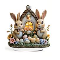 Velykų kiaušinių zuikio ornamentas 2D plokščias akrilo dekoras Animacinis triušis spalvotas kiaušinis B beige