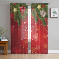 Christmas Tree Snowflakes Bow Red Dots Chiffon Sheer Curtains for Living Room Bedroom Decoration Window Voiles Tulle Curtain W135 x H115cm x1&Grommet Top white