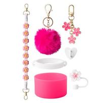 7Pcs Cup Accessories Set for 30/40oz Tumbler Silicone Handle Strap Boot Straw Cover Keychain Charms BPA-Free Reusable Decorative Gifts for Christmas rožinė raudona spalva