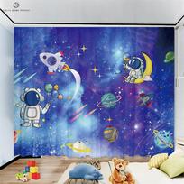 Animaciniai astronautų užuolaidos vaikų kambariui, langų dekoravimas, svetainei, darbo kambariui, virtuvei, kosmosas, 2 vnt. W50xH130(CM)x2PCS&Rod pocket blue