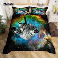 Duvet Cover Galaxy Cats for Women Children 3D Cats Bedding Set Cute Animal Theme Comforter Cover Galaxy Microfiber Quilt Cover EU single(135x200cm) black