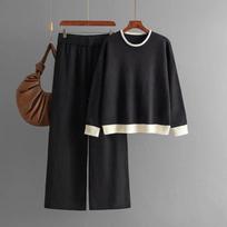 Europe America 2024 Autumn Winter New Contrasting Color Round Neck Knitted Sweater Wide Leg Pants 2 Piece Sets Womens Outfits One Size abrikosas