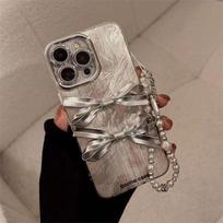 Prabangus Bling Glitter Bow su dirželiu telefono dėklu, skirtas iPhone 11 12 13 14 15 16 Pro Max galinis dangtelis iPhone 11 sidabras