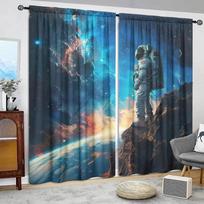 2pcs Astronaut Printed Curtain for Home Decor - Rod Pocket Window Treatment for Bedroom, Office, Kitchen, Living Room, and Study 52.5cmX116cmX2pcs blue