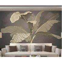 Bananų lapų tapetai, lengvo prabangos žalių augalų freskos, auksinės reljefinės linijos tapetai, miegamojo, restorano foninės sienos freska 200 cm(W) x 140 cm(H) gray