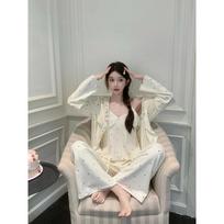 Princess Style 3Pcs Sleep Set Sexy Strap Top Pants Island Velvet Pajamas Set Warm Homewear Soft Winter Loungewear Nightwear M