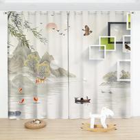 Chinese Ink Bamboo Semi-blackout Printed Curtain Grommet Top Bedroom Living Room Floor-to-ceiling Window Curtain 2 panels Drapes (W50cmxH130cm)x2&Grommet Top black